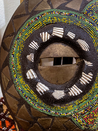 Round Hand Made Carved Wood Glass Bead Ashanti Mask Ghana Wall Art