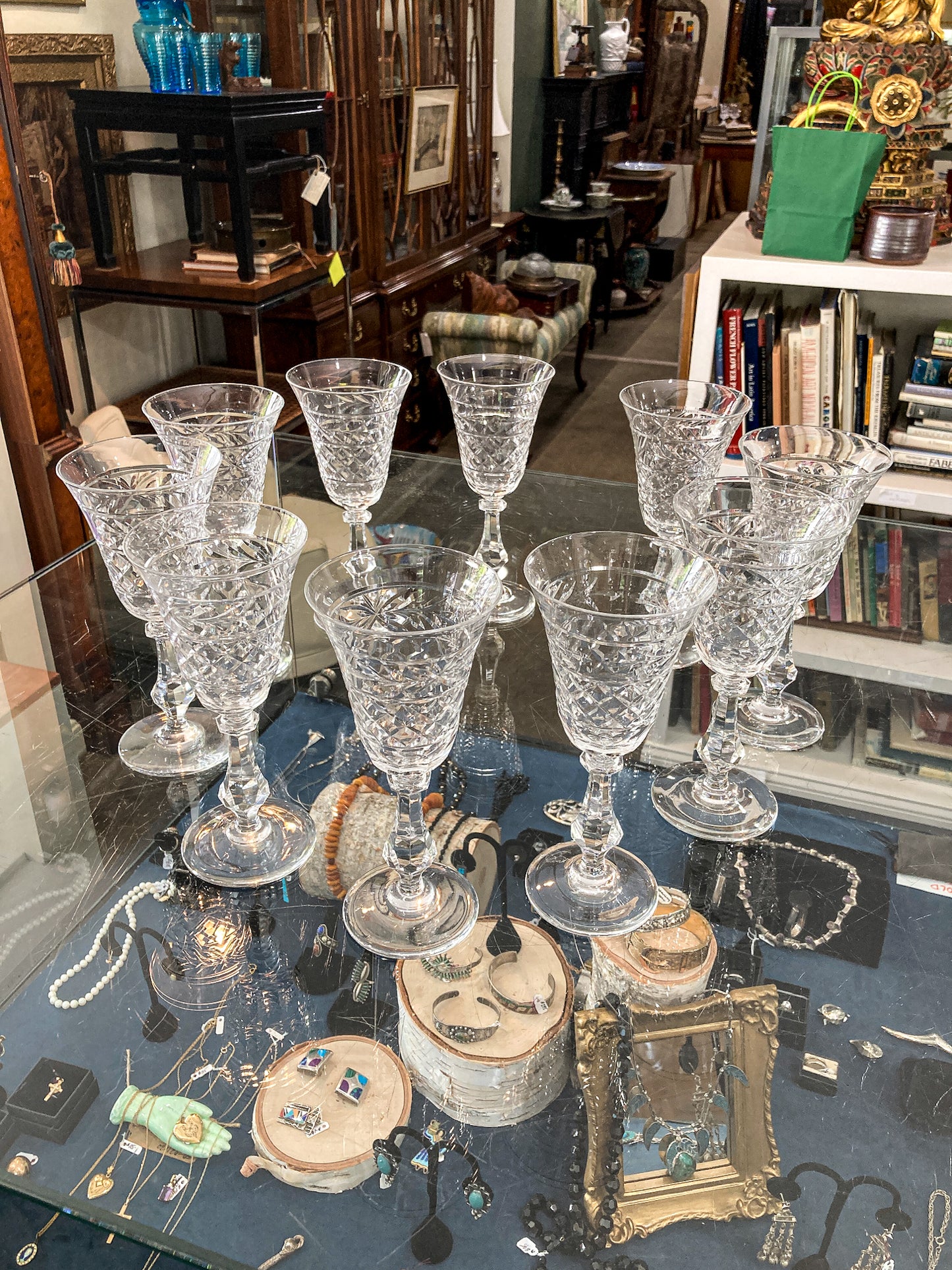 Set of Ten Vintage American Engraved Clear Glass Stemmed Water Goblets