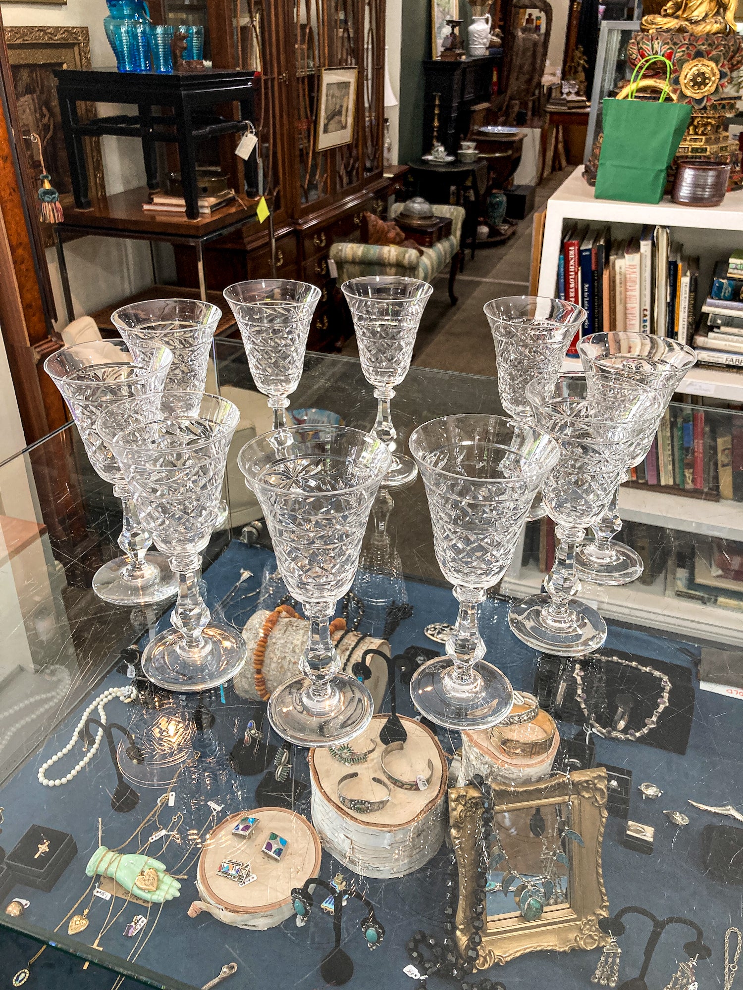 Set of Ten Vintage American Engraved Clear Glass Stemmed Water Goblets