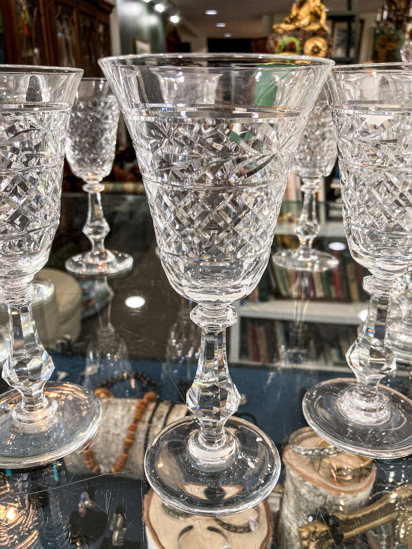 Set of Ten Vintage American Engraved Clear Glass Stemmed Water Goblets