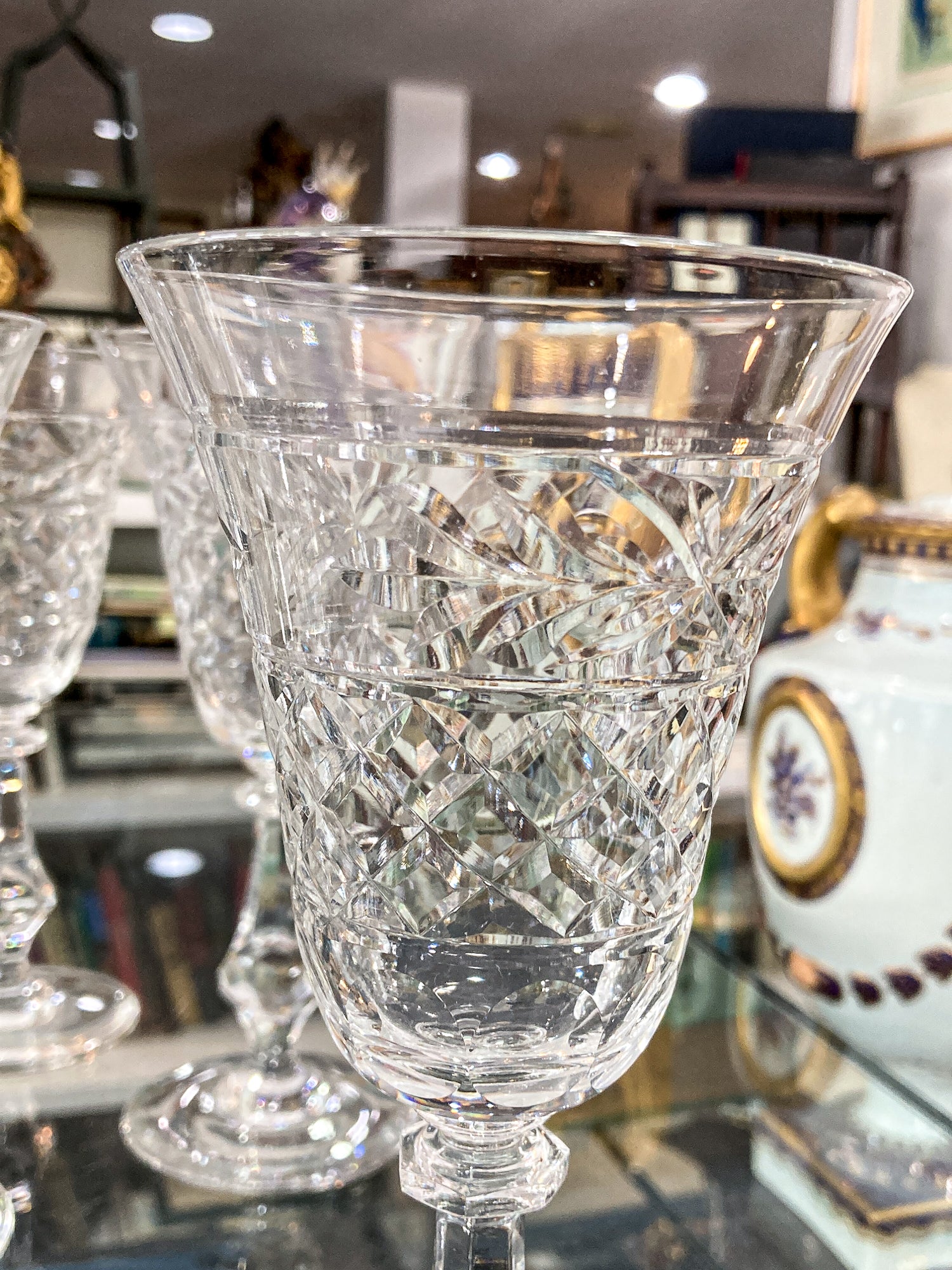 Set of Ten Vintage American Engraved Clear Glass Stemmed Water Goblets