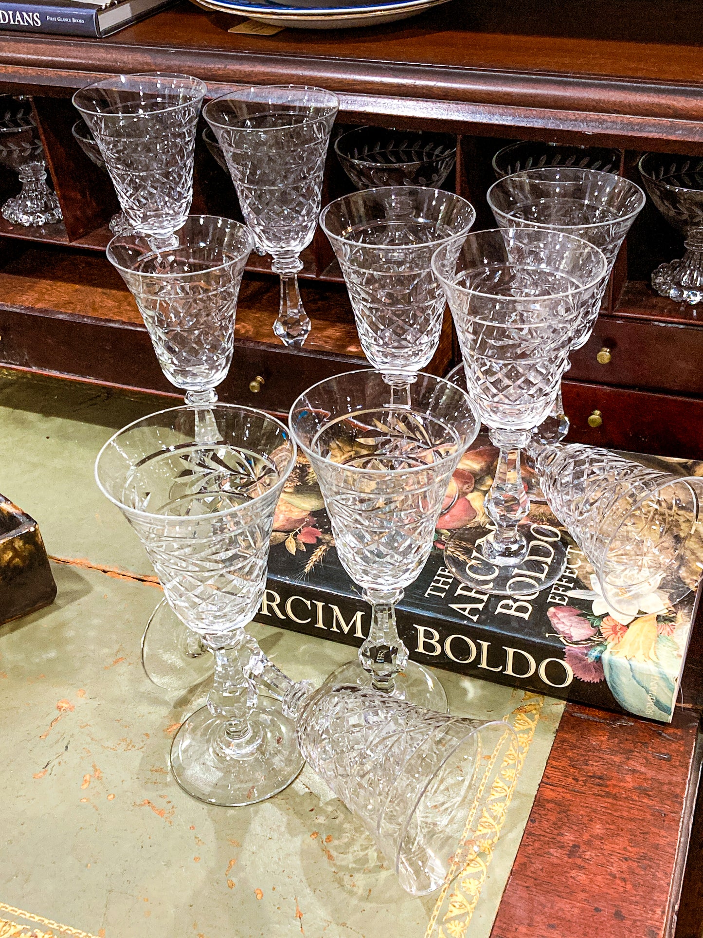Set of Ten Vintage American Engraved Clear Glass Stemmed Water Goblets