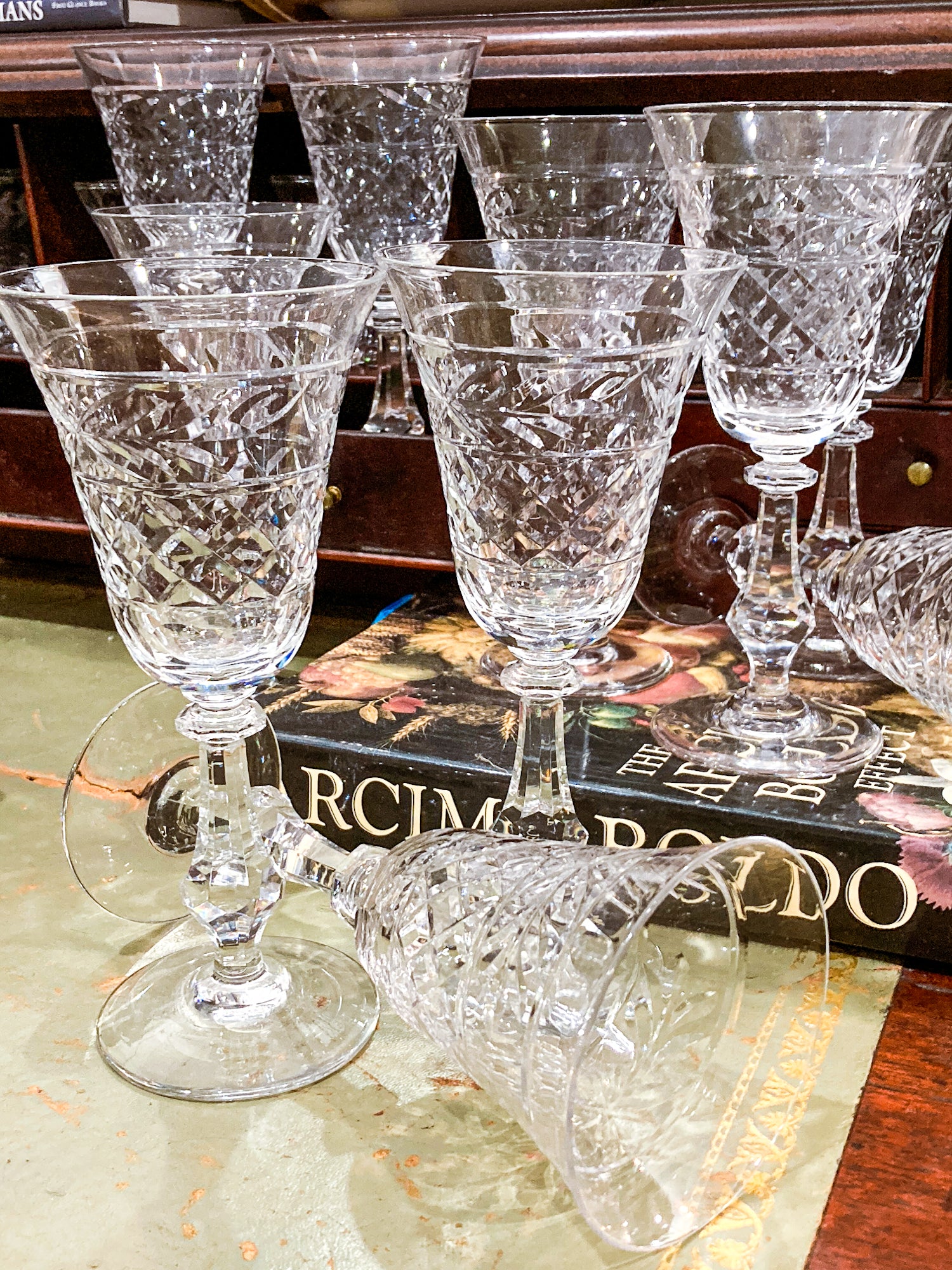 Set of Ten Vintage American Engraved Clear Glass Stemmed Water Goblets