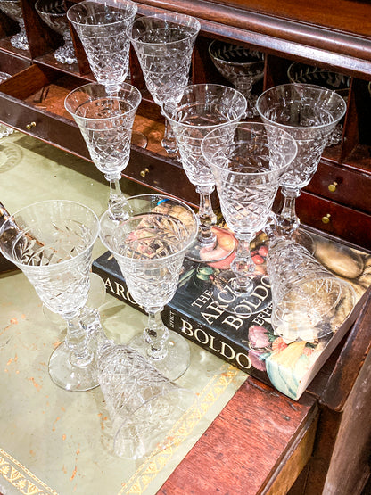Set of Ten Vintage American Engraved Clear Glass Stemmed Water Goblets