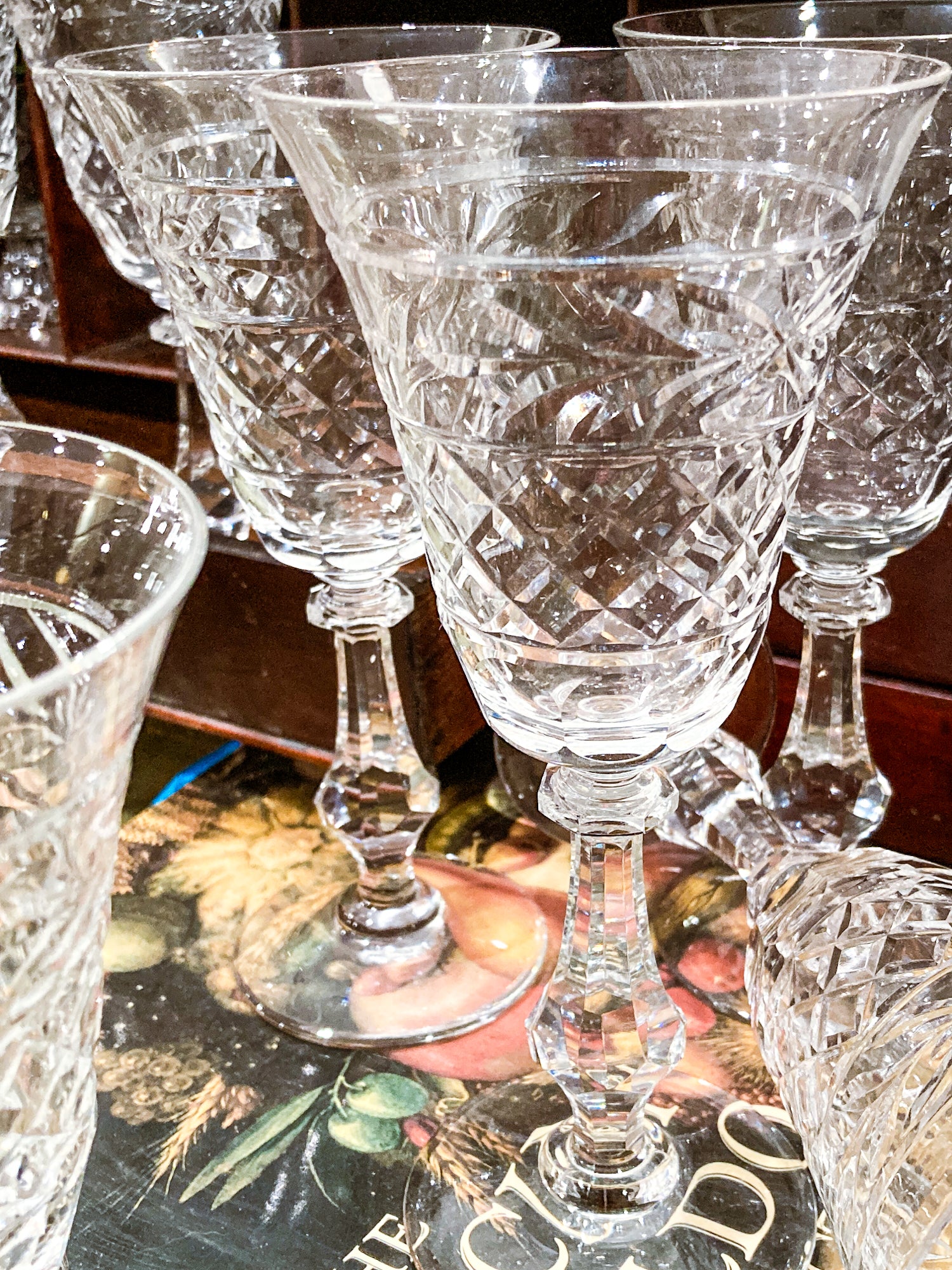 Set of Ten Vintage American Engraved Clear Glass Stemmed Water Goblets