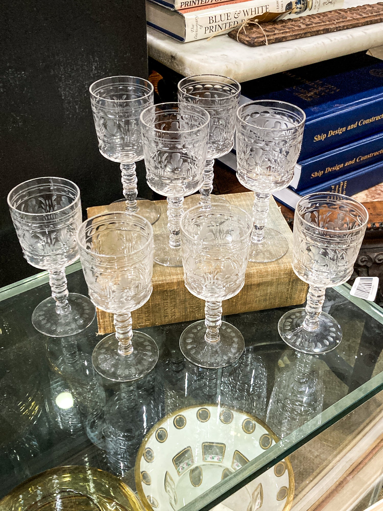 Set of Eight Antique Floral Etched Clear Glass Stemmed Cordial Glasses