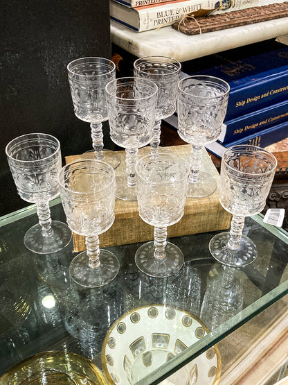 Set of Eight Antique Floral Etched Clear Glass Stemmed Cordial Glasses