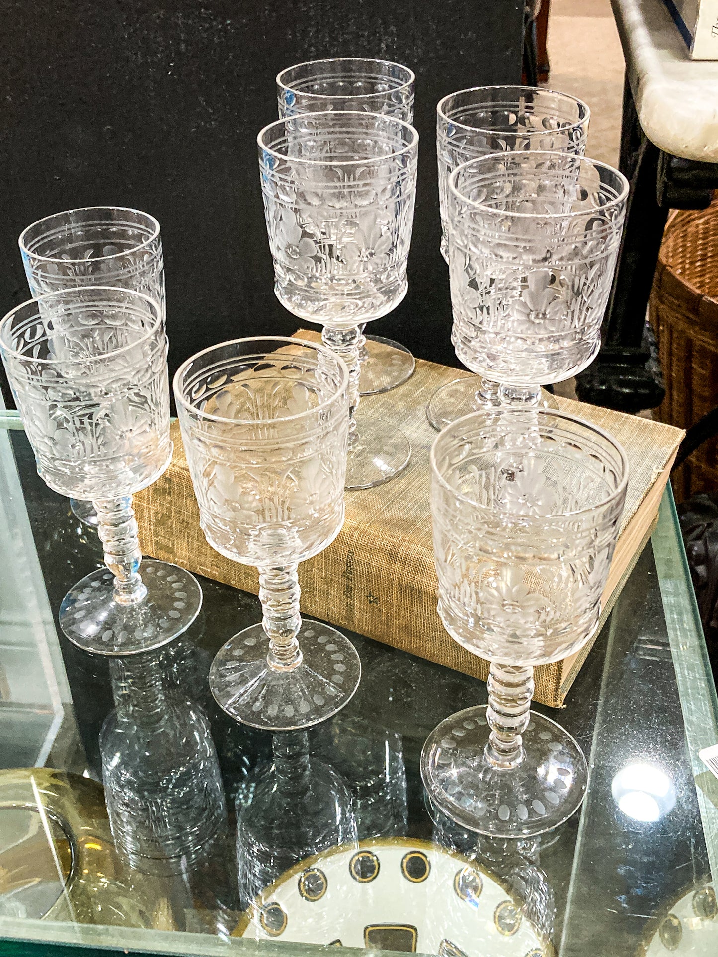 Set of Eight Antique Floral Etched Clear Glass Stemmed Cordial Glasses