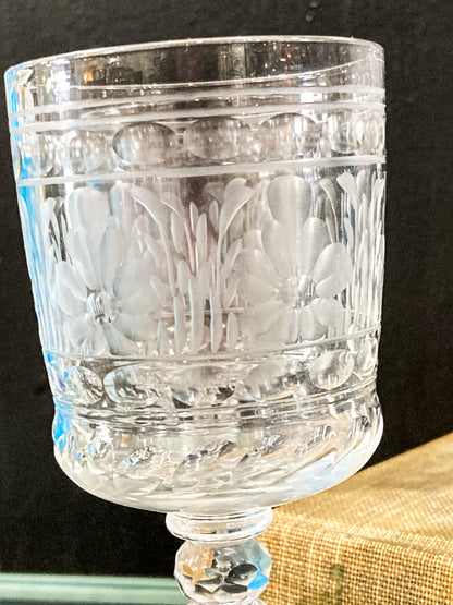 Set of Eight Antique Floral Etched Clear Glass Stemmed Cordial Glasses