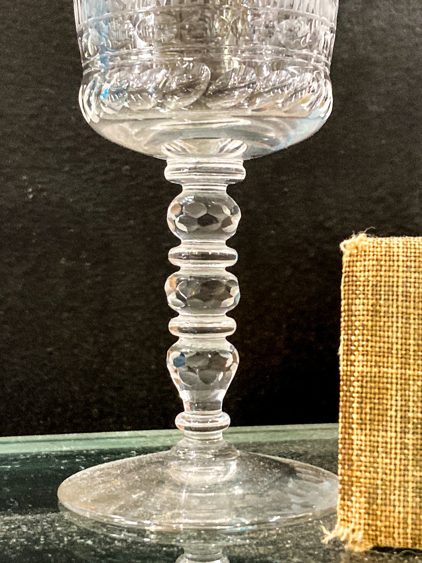 Set of Eight Antique Floral Etched Clear Glass Stemmed Cordial Glasses