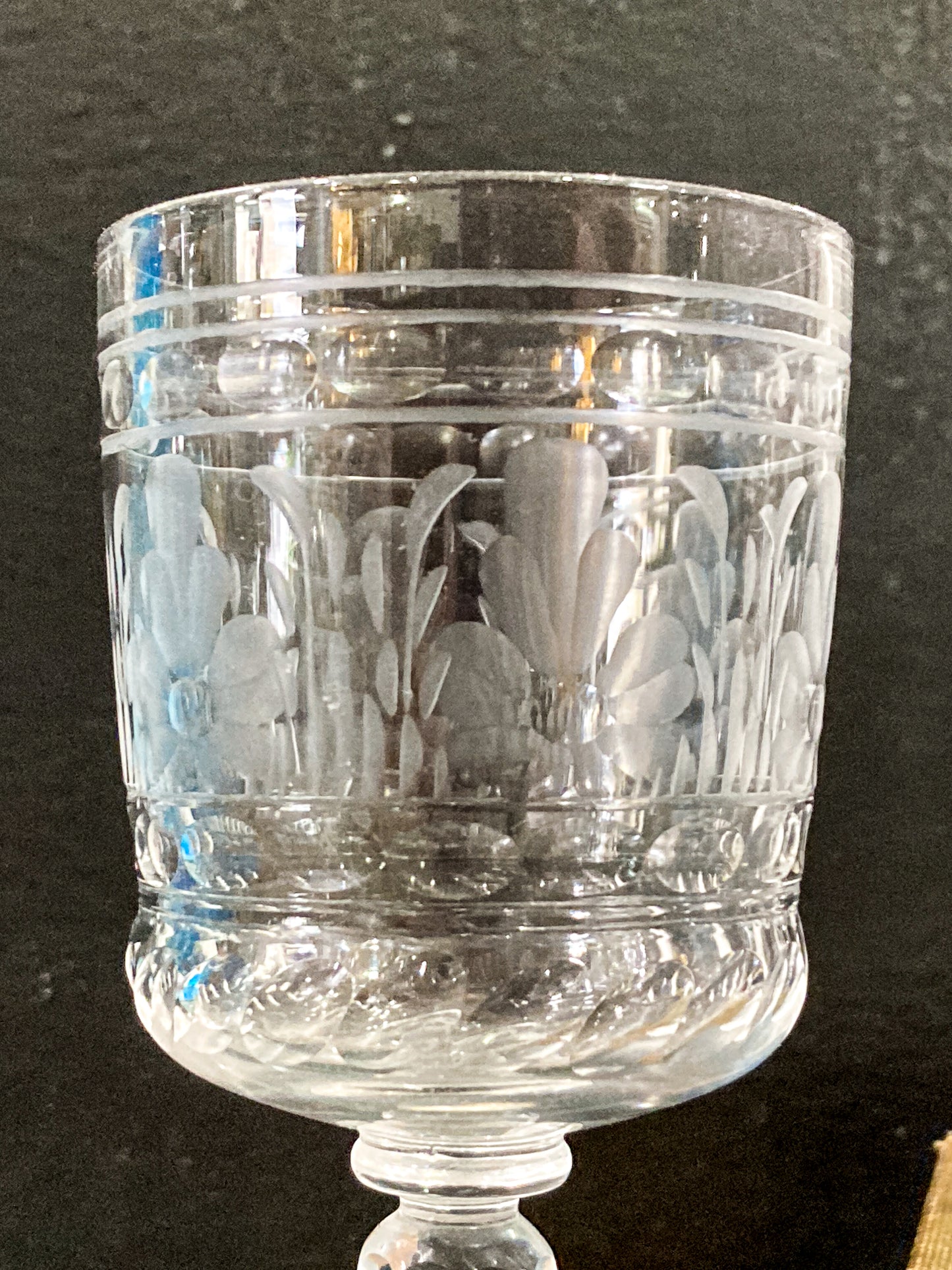 Set of Eight Antique Floral Etched Clear Glass Stemmed Cordial Glasses