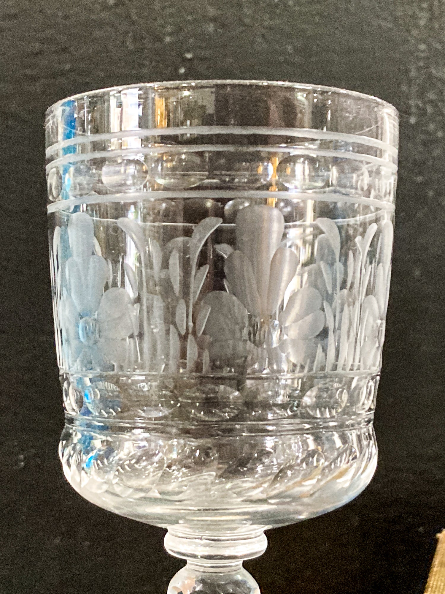 Set of Eight Antique Floral Etched Clear Glass Stemmed Cordial Glasses