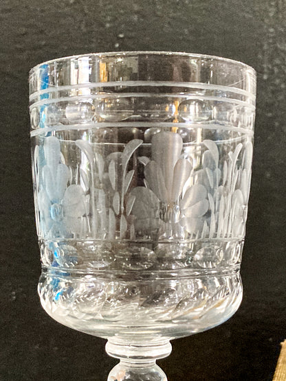 Set of Eight Antique Floral Etched Clear Glass Stemmed Cordial Glasses