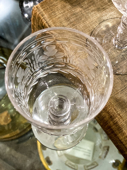 Set of Eight Antique Floral Etched Clear Glass Stemmed Cordial Glasses