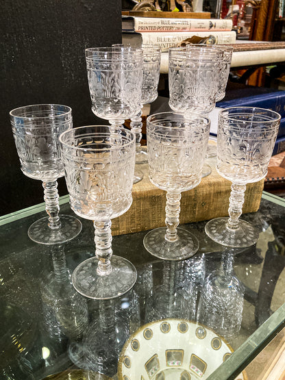 Set of Eight Antique Floral Etched Clear Glass Stemmed Cordial Glasses