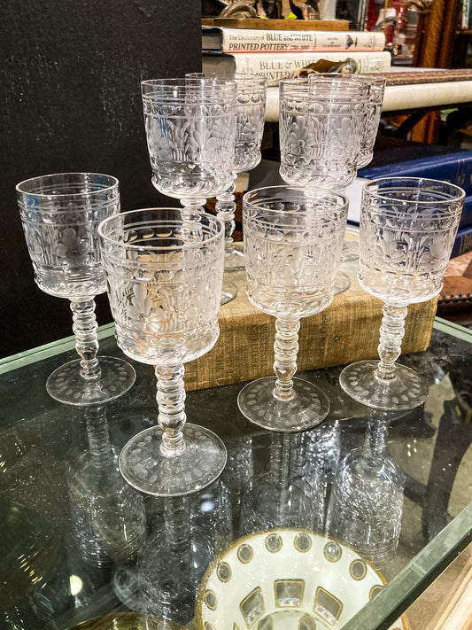 Set of Eight Antique Floral Etched Clear Glass Stemmed Cordial Glasses