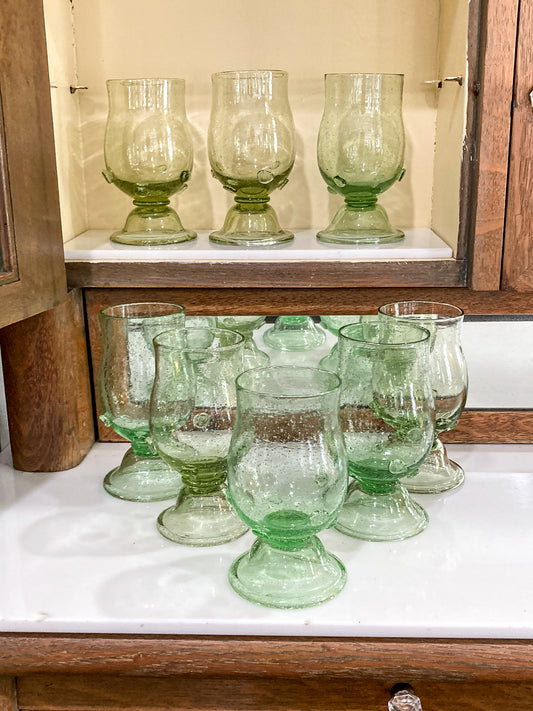 Set of Eight Vintage Italian 1960s Handblown Green Glass Cordial Glasses
