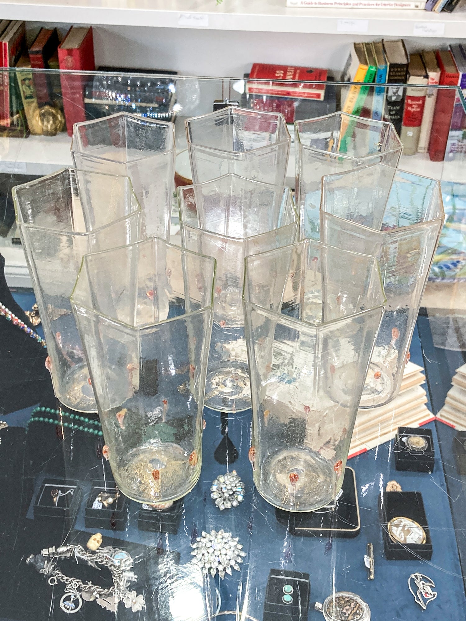 Set of Eight Vintage Venetian Italian Aventurine Hexagon Tall Glasses Barware