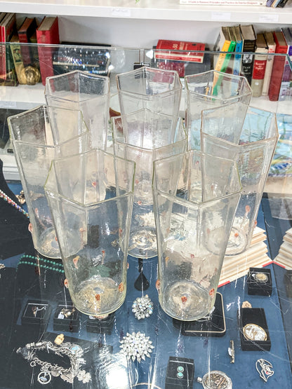 Set of Eight Vintage Venetian Italian Aventurine Hexagon Tall Glasses Barware