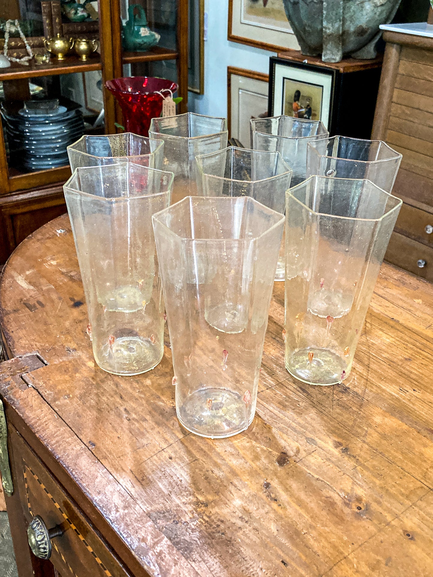 Set of Eight Vintage Venetian Italian Aventurine Hexagon Tall Glasses Barware