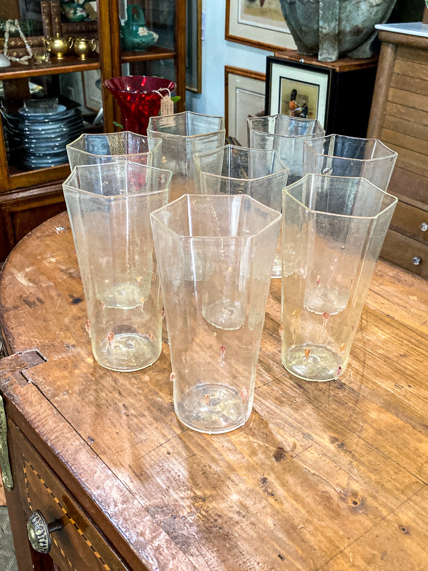 Set of Eight Vintage Venetian Italian Aventurine Hexagon Tall Glasses Barware