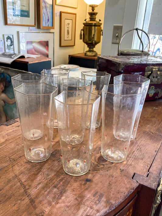 Set of Eight Vintage Venetian Italian Aventurine Hexagon Tall Glasses Barware