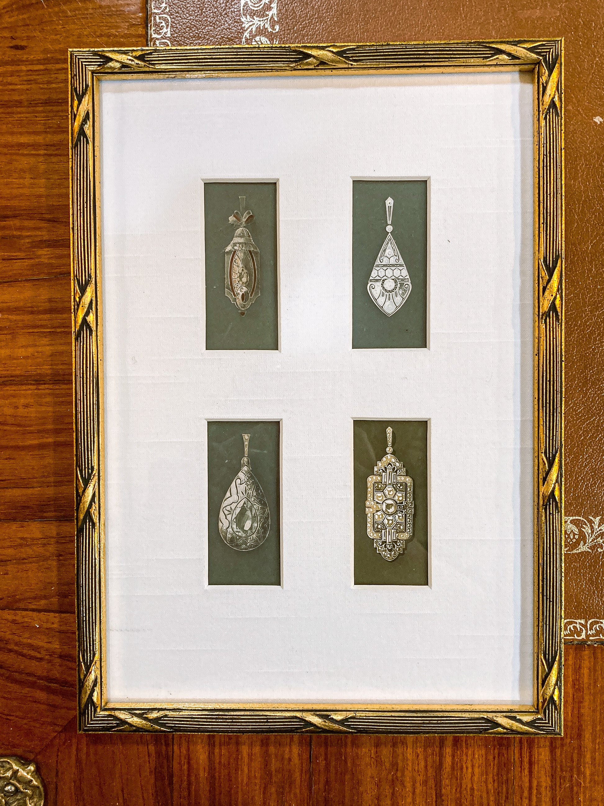 Set of Five Framed Antique Jewelry Rendering Painting Drawings Wall Art Pendants