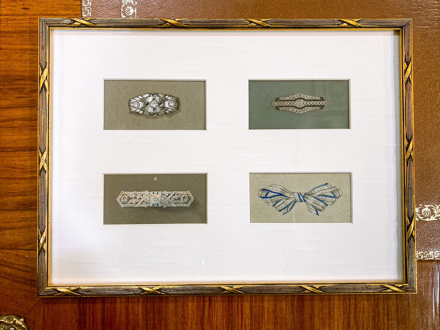 Set of Five Framed Antique Jewelry Rendering Painting Drawings Wall Art Larger Brooches