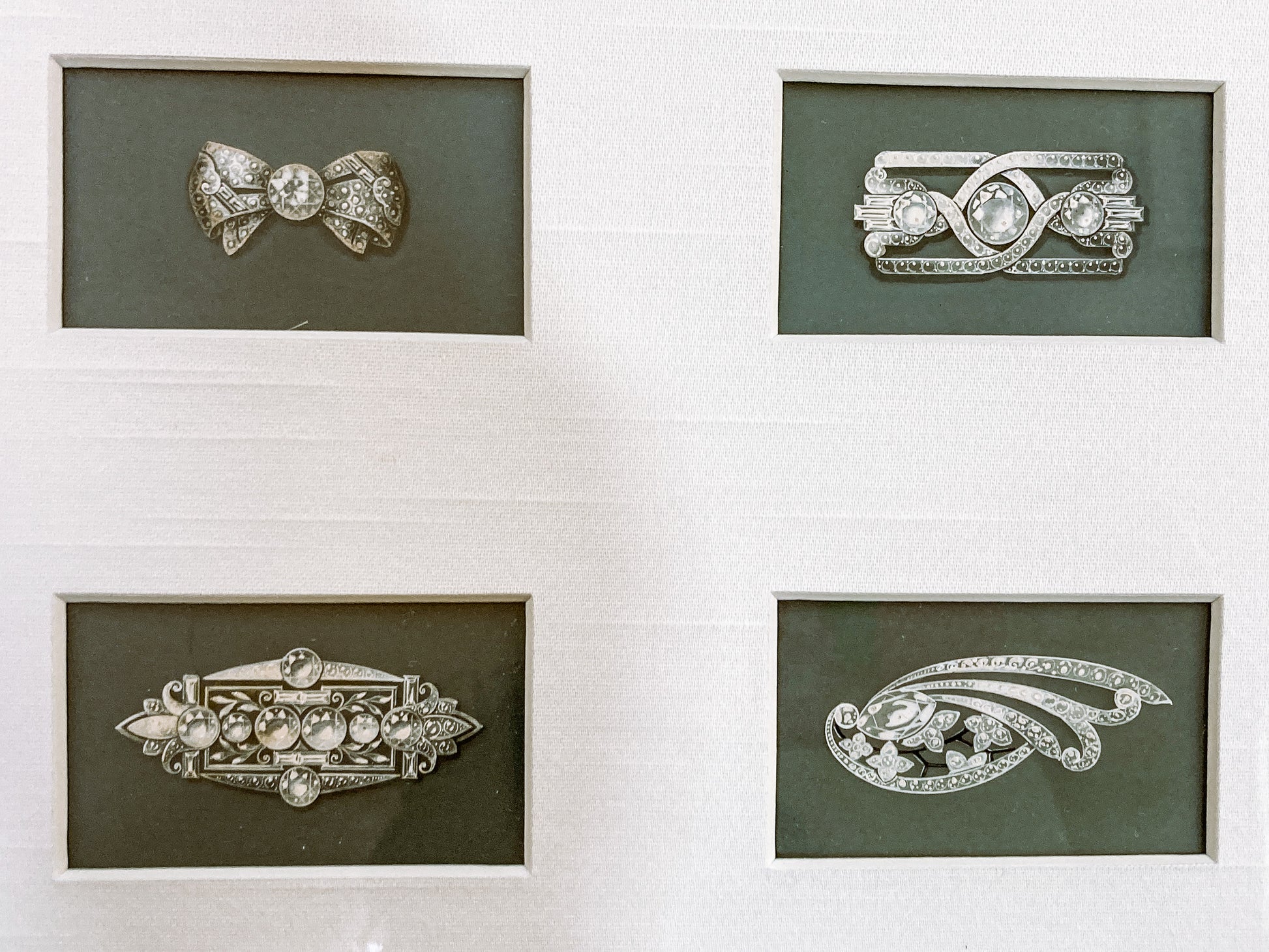 Set of Five Framed Antique Jewelry Rendering Painting Drawings Wall Art Small Brooches