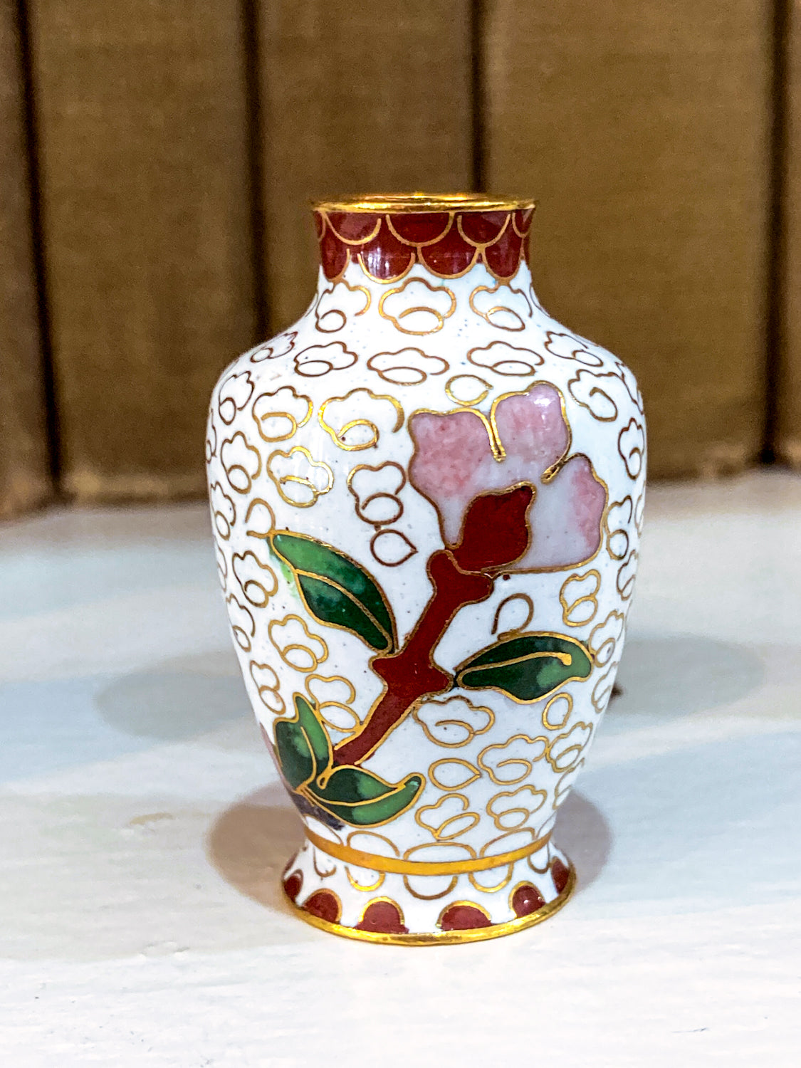 Set of Five Miniature Chinese Cloisonné  Vases Wooden Stands Original Box White Vase 1