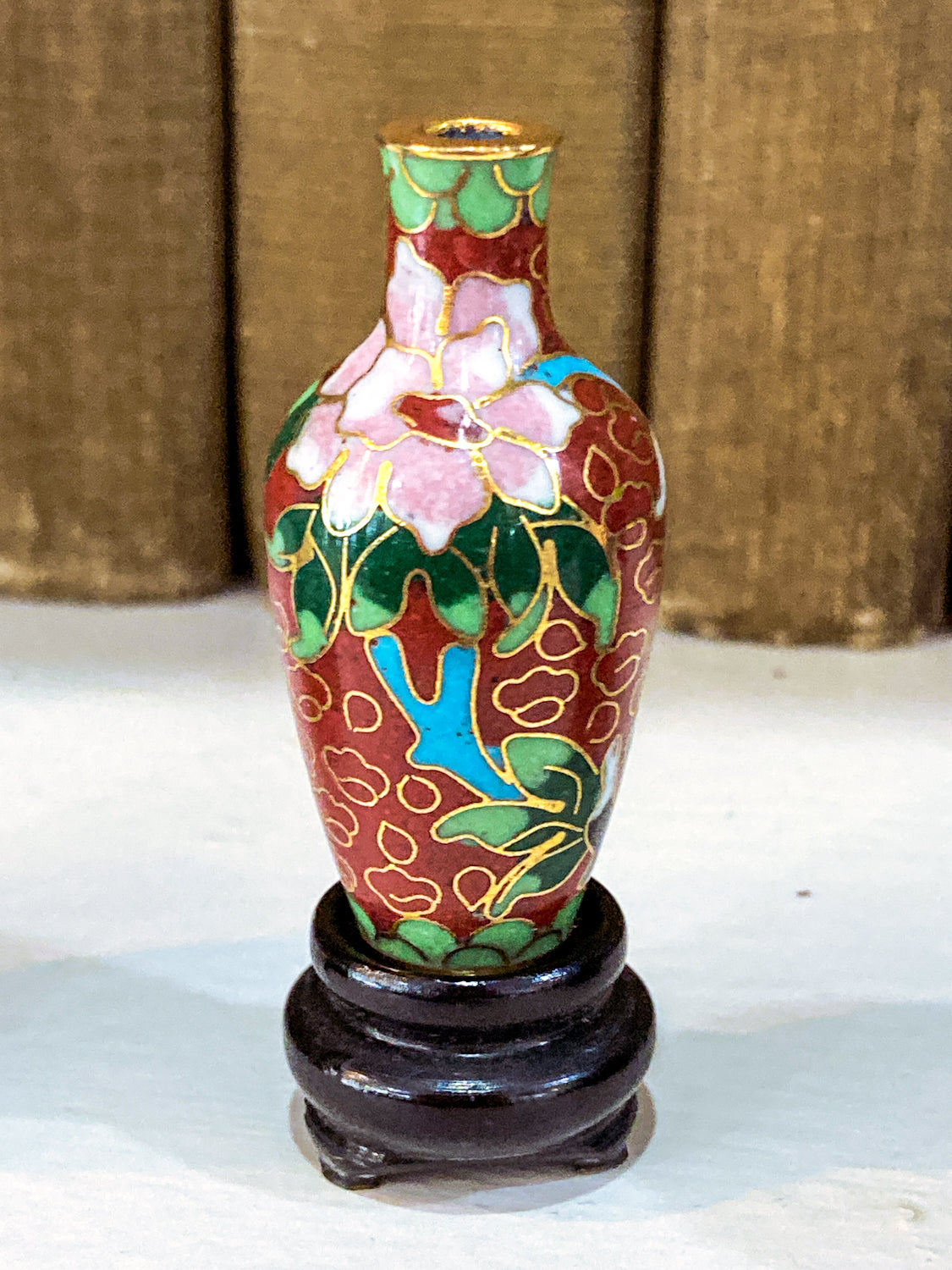 Set of Five Miniature Chinese Cloisonné  Vases Wooden Stands Original Box Red Vase 1