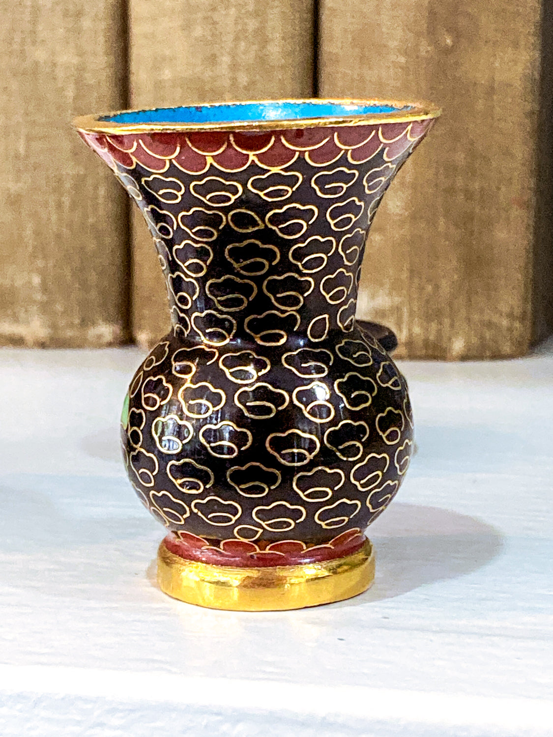 Set of Five Miniature Chinese Cloisonné  Vases Wooden Stands Original Box Black Vase 1