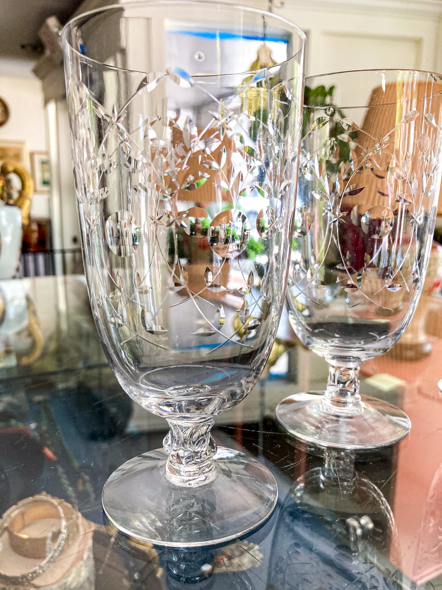Set of Six Vintage 1940s Starburst Engraved Clear Glass Iced Tea Glasses