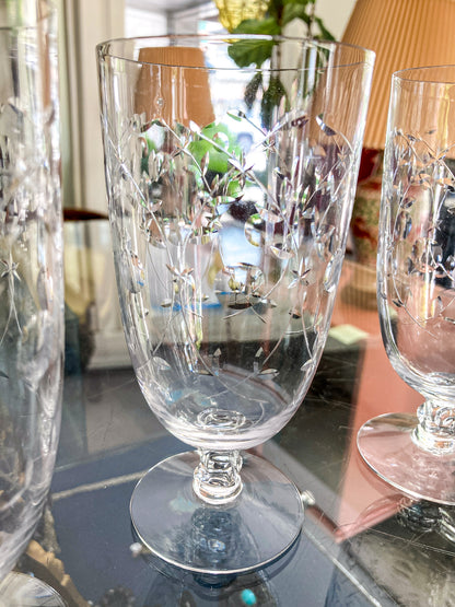 Set of Six Vintage 1940s Starburst Engraved Clear Glass Iced Tea Glasses