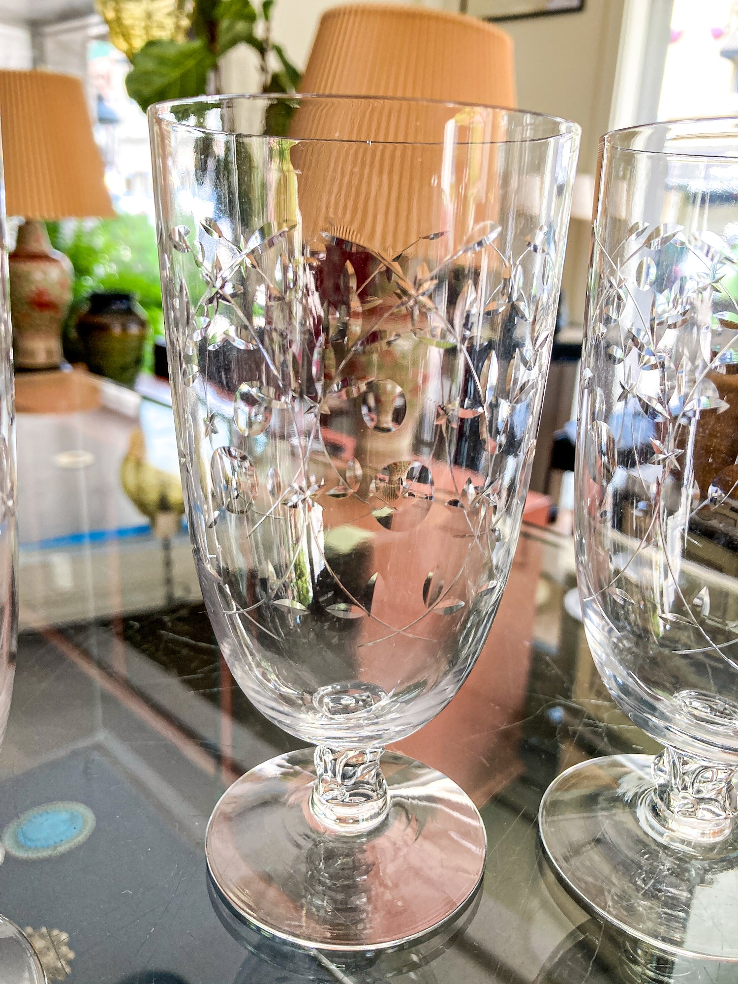 Set of Six Vintage 1940s Starburst Engraved Clear Glass Iced Tea Glasses
