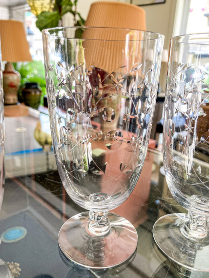 Set of Six Vintage 1940s Starburst Engraved Clear Glass Iced Tea Glasses