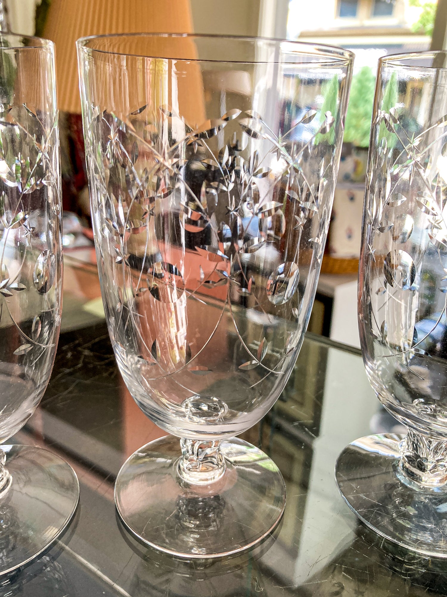 Set of Six Vintage 1940s Starburst Engraved Clear Glass Iced Tea Glasses