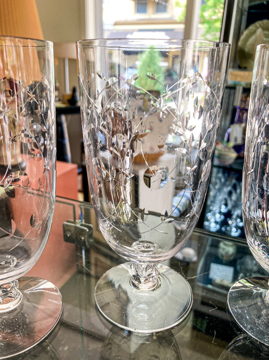 Set of Six Vintage 1940s Starburst Engraved Clear Glass Iced Tea Glasses