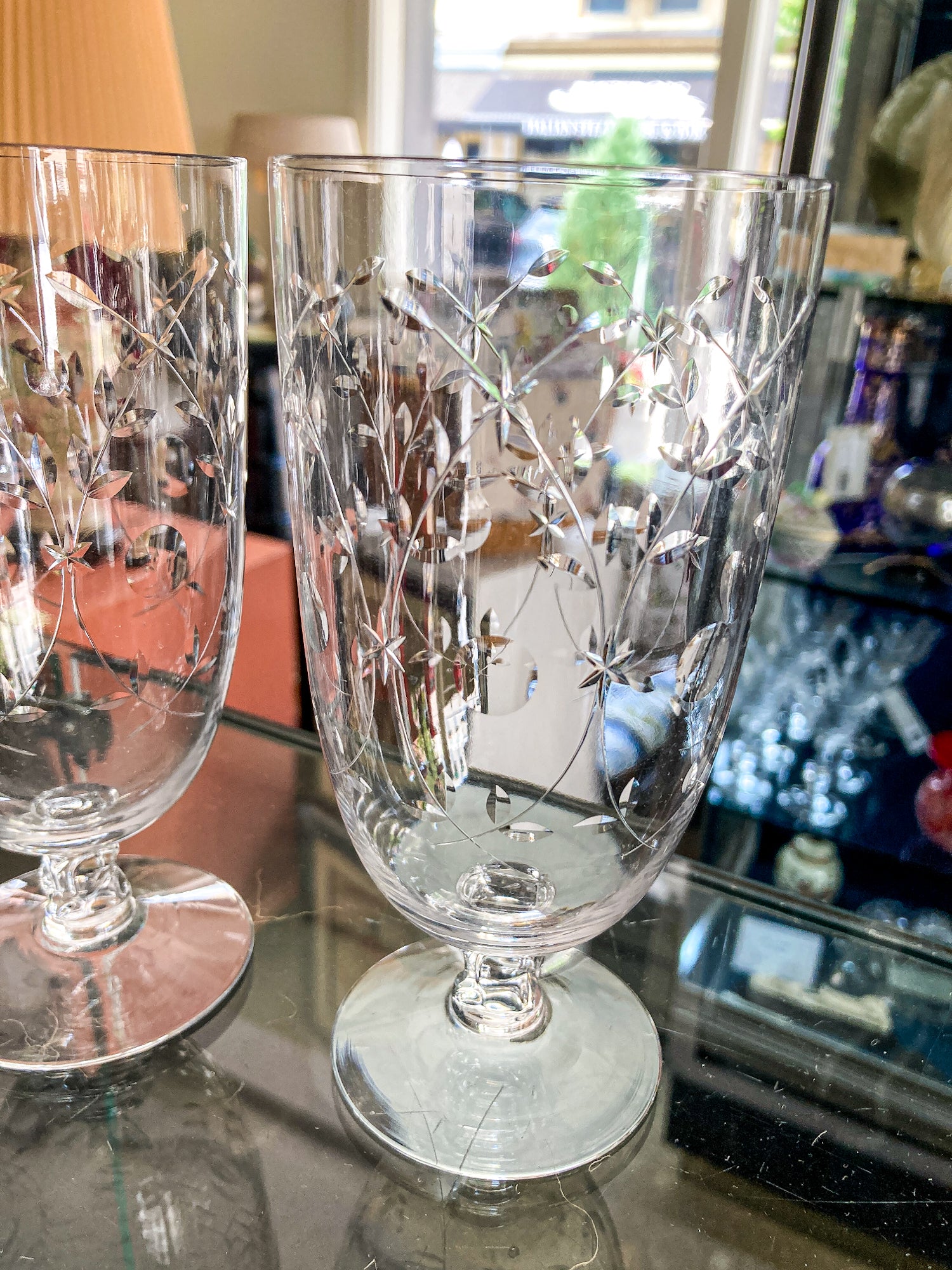 Set of Six Vintage 1940s Starburst Engraved Clear Glass Iced Tea Glasses