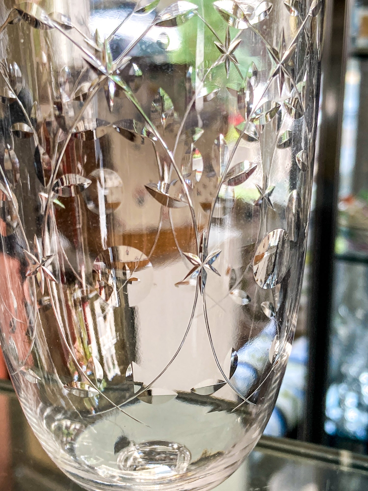 Set of Six Vintage 1940s Starburst Engraved Clear Glass Iced Tea Glasses