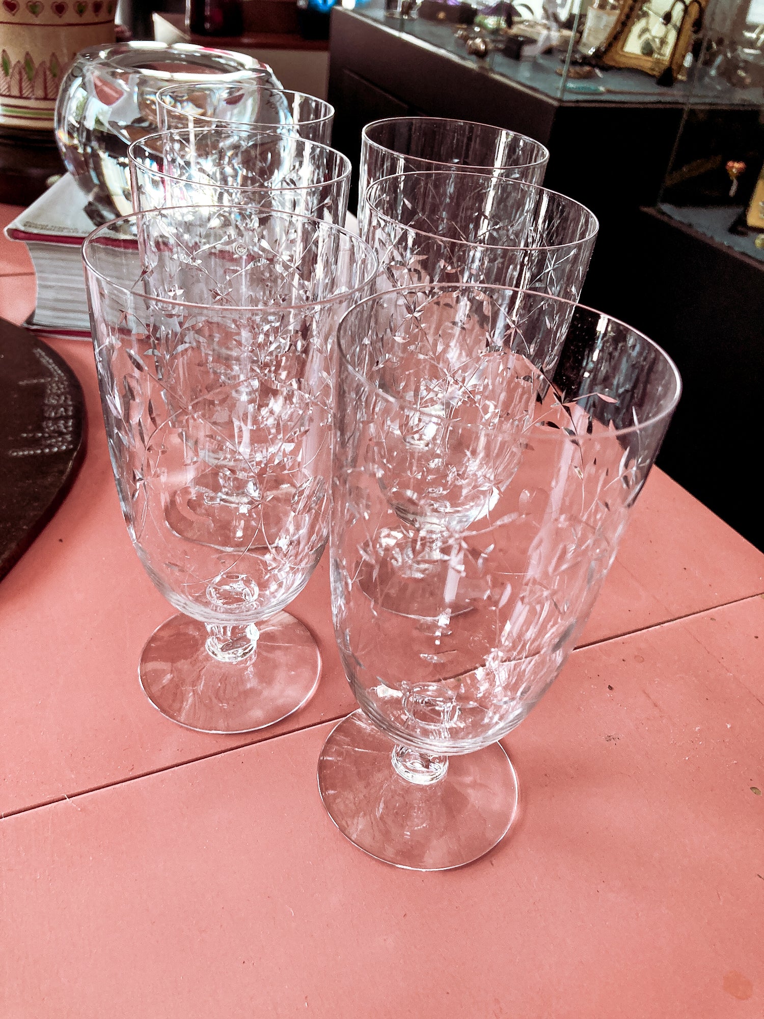 Set of Six Vintage 1940s Starburst Engraved Clear Glass Iced Tea Glasses