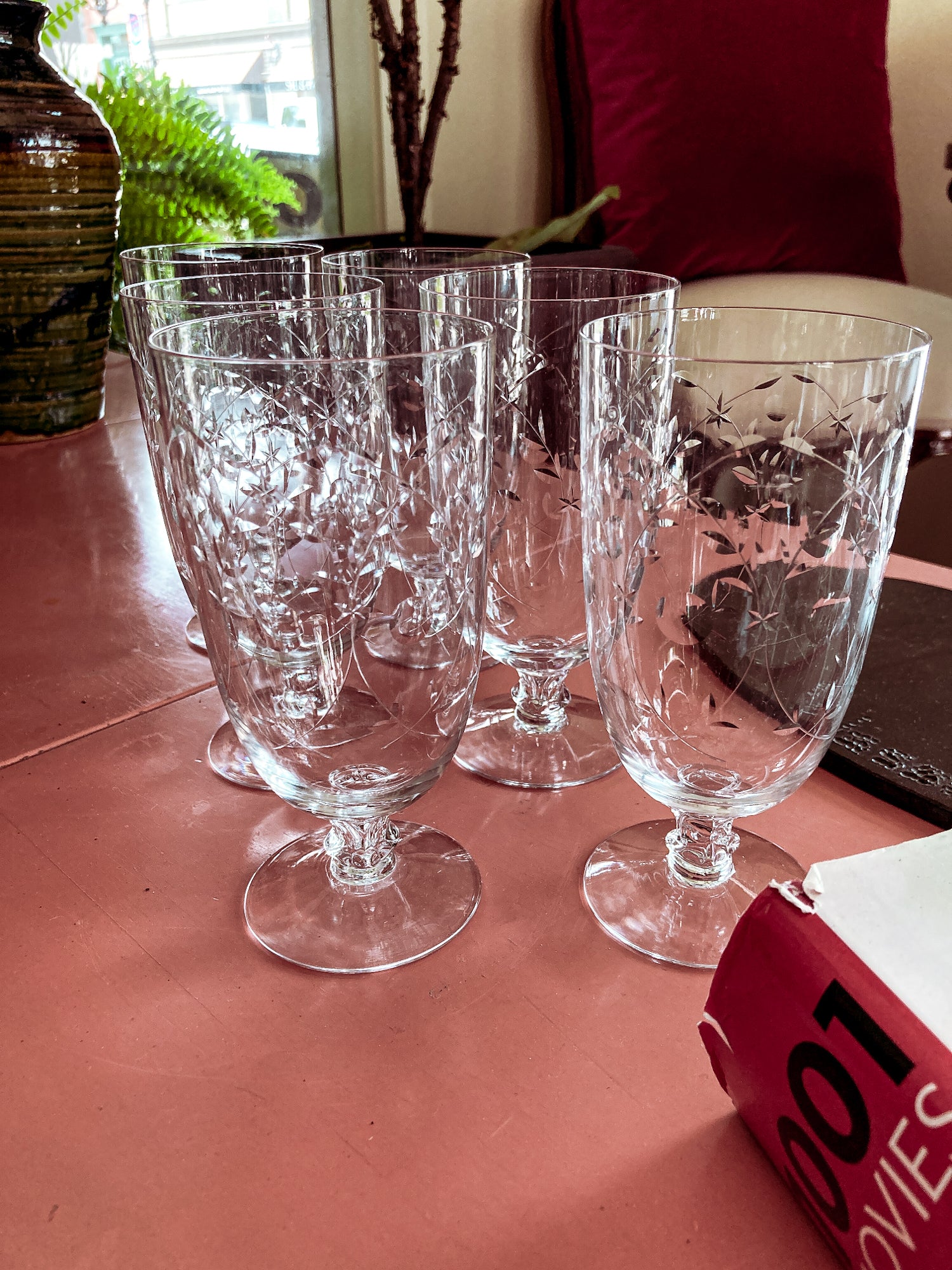 Set of Six Vintage 1940s Starburst Engraved Clear Glass Iced Tea Glasses