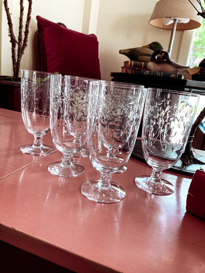 Set of Six Vintage 1940s Starburst Engraved Clear Glass Iced Tea Glasses