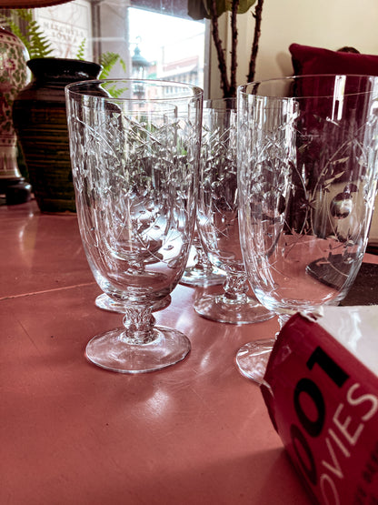 Set of Six Vintage 1940s Starburst Engraved Clear Glass Iced Tea Glasses