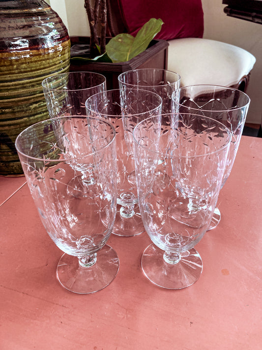 Set of Six Vintage 1940s Starburst Engraved Clear Glass Iced Tea Glasses
