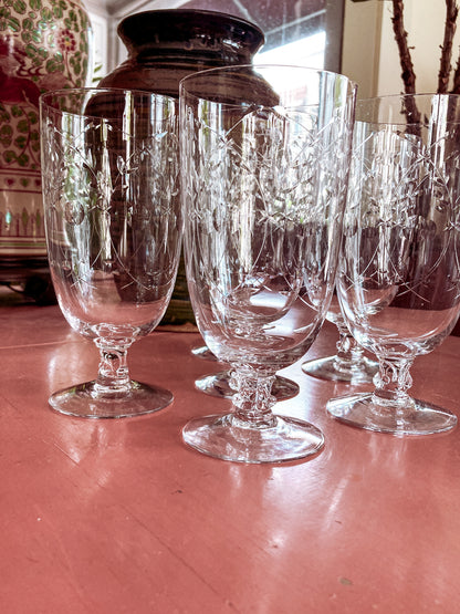 Set of Six Vintage 1940s Starburst Engraved Clear Glass Iced Tea Glasses