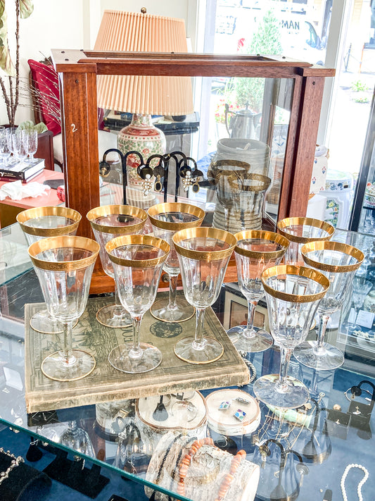 Set of Ten Antique Embossed Decorative Gold Rim Clear Crystal Water Goblets