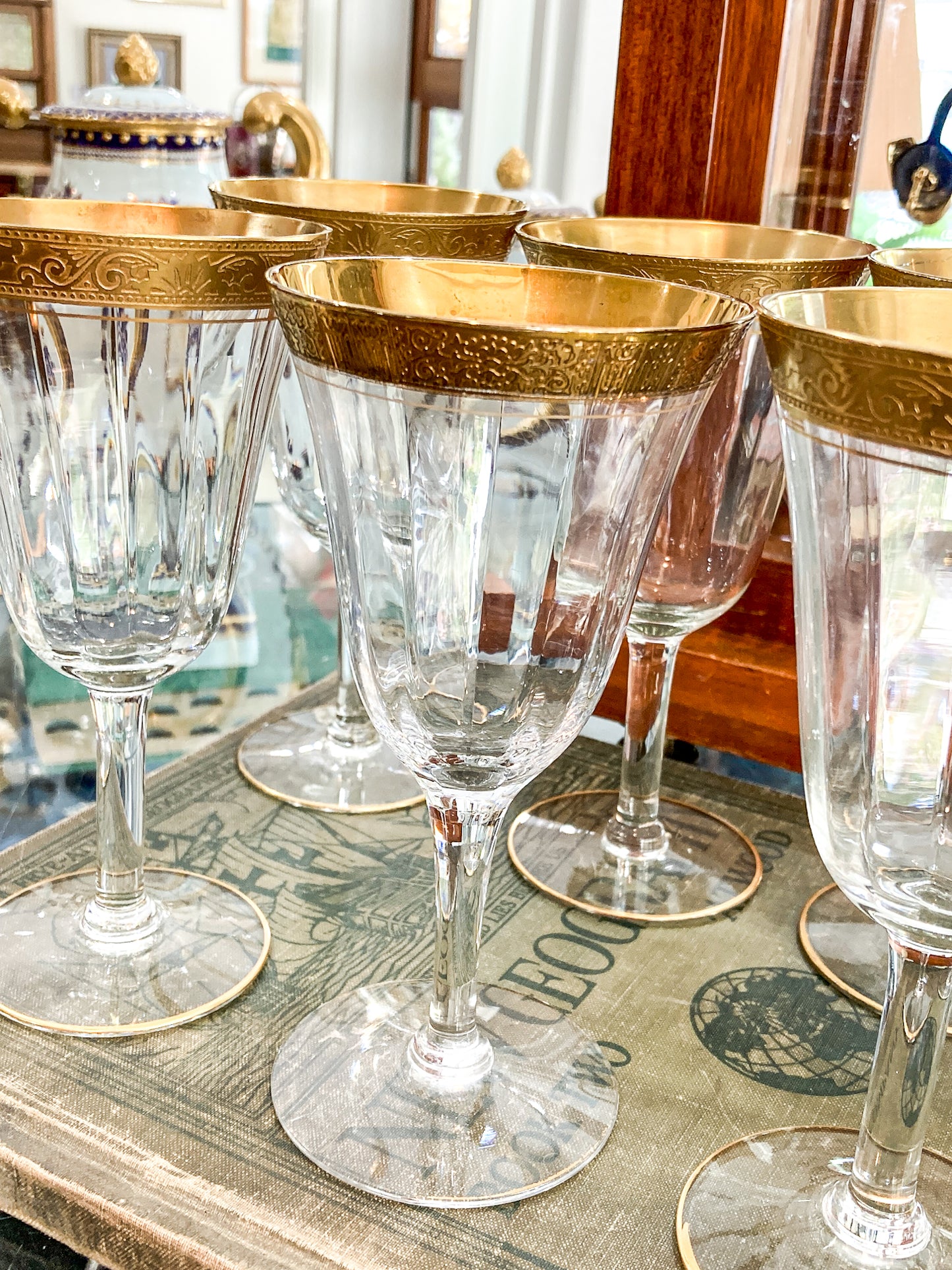 Set of Ten Antique Embossed Decorative Gold Rim Clear Crystal Water Goblets