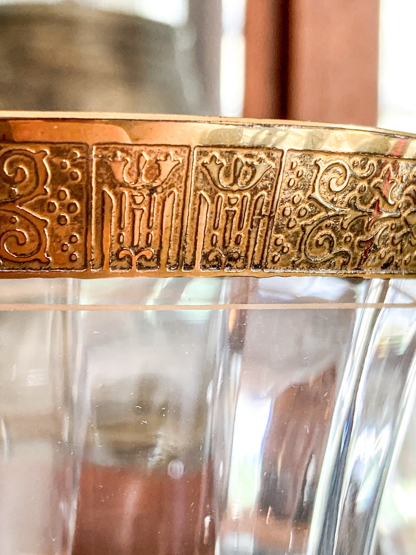 Set of Ten Antique Embossed Decorative Gold Rim Clear Crystal Water Goblets
