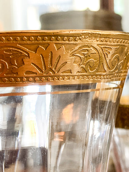 Set of Ten Antique Embossed Decorative Gold Rim Clear Crystal Water Goblets